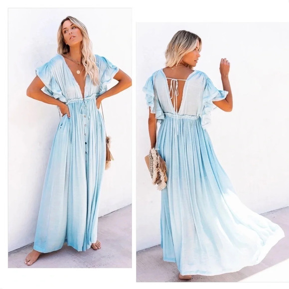 Boho Summer Front Button Flutter Sleeve Lounge Beach Coverup/Maxi Dress NEW - Picture 9 of 11